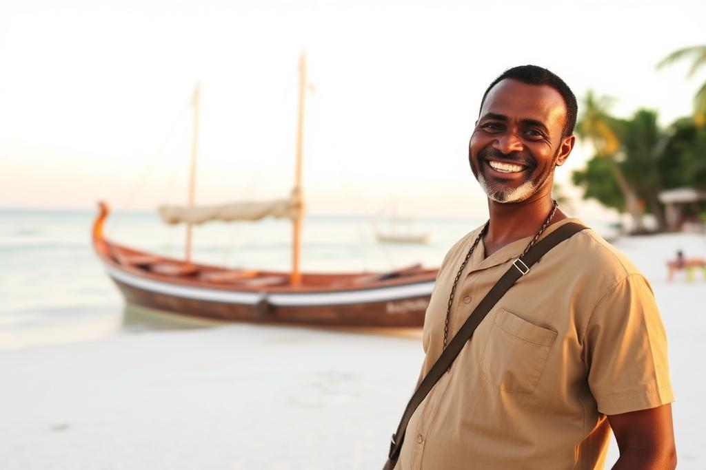 A smiling Zanzibari local guide on a white sand beach